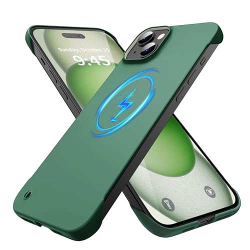GRECAZO Magnetic Slim Frameless Case for iPhone 15, Dark Green | Compatible with MagSafe, Soft-Touch Matte Hard PC Cover, Ultra Thin Lightweight Minimalist, Pull Ring Lanyard, 6.1 Inch - color: Dark Green, size: iPhone 15