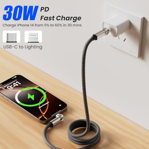 90 Degree USB C to Lightning Cable, Rotating Charger for iphone with 180° Rotating Head, 6FT MFi Fast Charger & Sync Data Type C to Lightning Right Angle Swivel Lightning Cable for iPhone 14 13 12 11