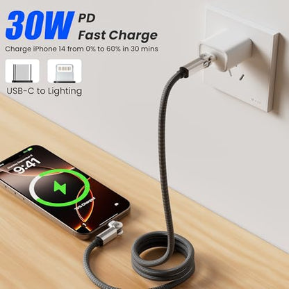90 Degree USB C to Lightning Cable, Rotating Charger for iphone with 180° Rotating Head, 6FT MFi Fast Charger & Sync Data Type C to Lightning Right Angle Swivel Lightning Cable for iPhone 14 13 12 11