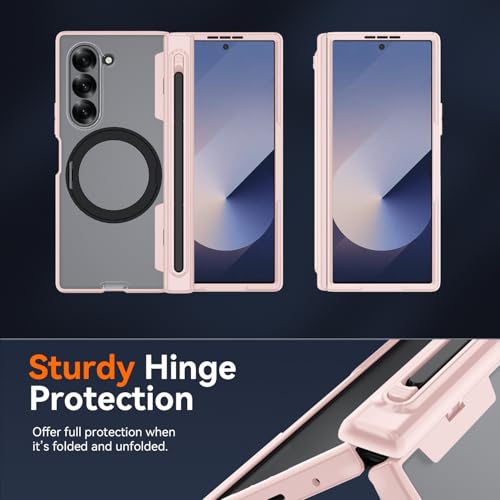 Upgraded 360° Spin Magnetic Invisible Ring Stand for Samsung Galaxy Z Fold 6 Case,[Compatible with MagSafe][S Pen Holder][Hinge Protection][Screen Protector],Shockproof Full Body Phone Cover (Pink) - color: Pink