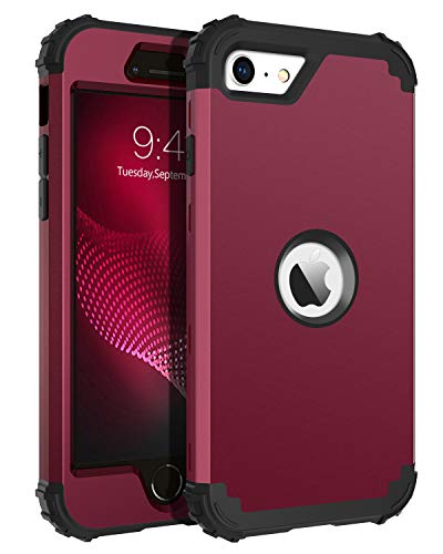 BENTOBEN for iPhone SE 2022 Case and iPhone SE 2020 Phone Case, Heavy Duty 3 in 1 Full Body Rugged Shockproof Hybrid Hard PC Soft Rubber Bumper Protective Girls Women Boy Men Cover, Wine Red/Burgundy - color: Black/Wine Red