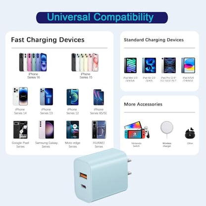 USB C Wall Charger Block, 3Pack 20W Dual Port PD Fast iPhone 16/15 Charger USB C Wall Charger Adapter + USB A Quick Charging Brick Plug for iPhone 15/14/13/12/11/Pro Max/Plus/XS/XR/X,iPad,AirPods-Blue - color: Blue