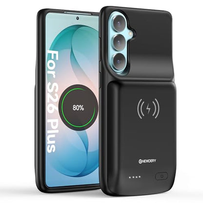 NEWDERY 9500mAh Battery Case for Samsung Galaxy S26 Plus/S25 Plus Black | Protable Charger Case with Led Indicators, Qi Wireless Charging Supported, Rechargeable Battery Pack for Travel Use - size: For Galaxy S26 Plus 6.7"