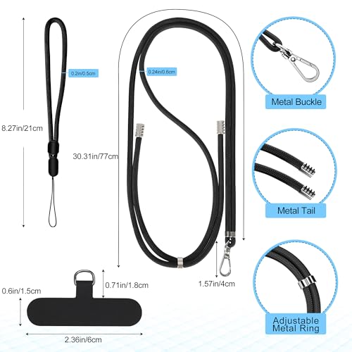 takyu Phone Lanyard, 2 Pack Adjustable Cell Phone Lanyard Crossbody Neck Strap & 2 Pack Phone Wrist Strap with 2 Pcs Tether Tabs Compatible for iPhone Android Smartphones-Black Grey - color: Black+grey