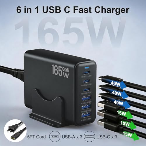 165W Charging Station, 6 Port Desktop Charger, 3 Ports 40W Black - color: Black