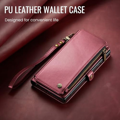 Defencase for Samsung Galaxy S26 Ultra Wallet Case with Card Holder, W-Red | with RFID Blocking Zipper Pocket, Durable PU Leather, Wrist Strap, S26 Ultra Flip Phone Cases Cover with Stand for Women Men - color: Wine Red