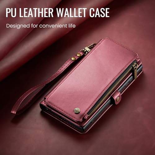 Defencase for Samsung Galaxy S25+/Plus Wallet Case with Card Holder, W-Red | with RFID Blocking Zipper Pocket, Durable PU Leather, Wrist Strap, S25 Plus Flip Phone Cases Cover with Stand for Women Men - color: Wine Red