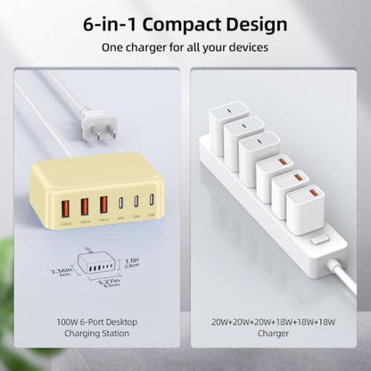 100W 6 in 1 USB Charger, 50% Smaller Charging Station for Multiple Devices - color: Yellow