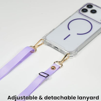 Magnetic for iPhone 17 Pro Max Crossbody Phone Case,Clear/Purple,Clear Magnetic Soft Frame PC Back Shockproof Protective Phone Cover with Adjustable Detachable Lanyard,Compatible with MagSafe - color: Clear/Purple, size: iPhone 17 Pro Max
