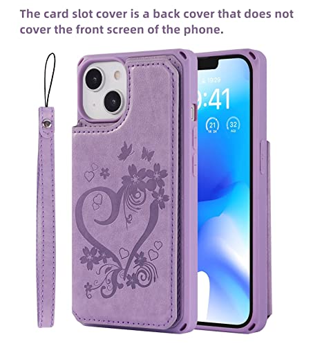 iCoverCase Compatible with iPhone 14 Wallet Phone Case with Card Holder for Women, RFID Blocking Embossed PU Leather Wrist Strap Case 6.1 Inch (Heart Purple) - color: H-Purple