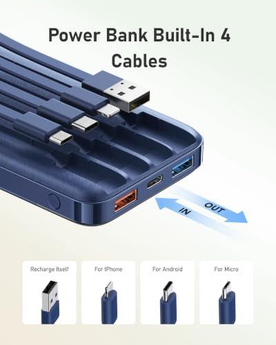 charmast Portable Charger Built-in Cables, 10000mAh Slim Power Bank Pocket - color: Navy
