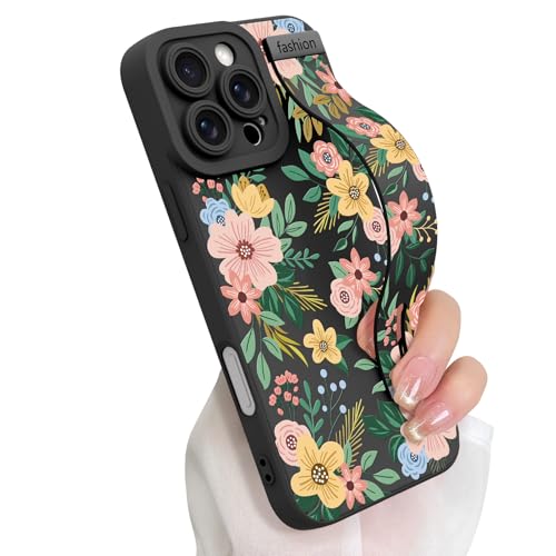 Cute Floral Flower Case for iPhone 16 Pro Max with Finger Hand Strap | Pattern Design Phone Case with Adjustable Wristband Kickstand, Soft Slim TPU Protective Cover for Women Girls, Black - color: Black Blossom, size: iPhone 16 Pro Max
