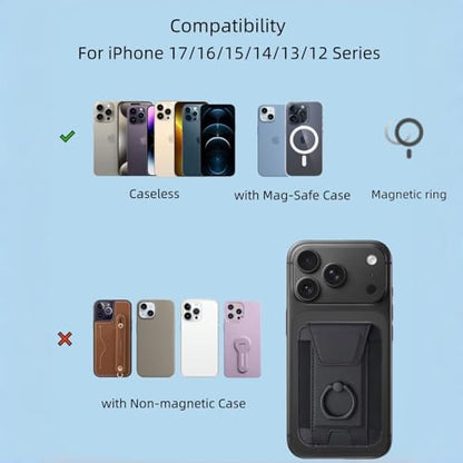 Magnetic Card Wallet Holder For Magsafe Wallets with Grip, 7 Cards Holder RFID Blocking, Ring Stand Stick on Wallet, Leather Magnetic Phone Wallet with Privacy Flap - color: black elastic circular support