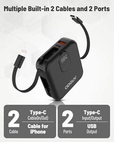 Small Portable Charger with Built-in Cables,22.5W Fast Charging Power Bank,USB-C Mini Battery Pack 10000mAh,Travel Essential Powerbank for iPhone Samsung Android iPad MacBook,Black - color: black
