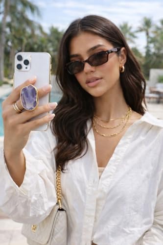 Grips by CRYSTALFY Amethyst Gold Edge Crystal Phone Grip Holder & Expanding Kickstand - Natural Gemstone Swappable Top Accessory for iPhone, iPad, Kindle & Mobile Devices