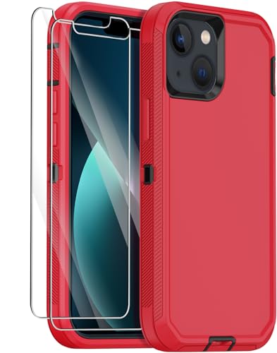 for iPhone 13 Case with 2 Screen Protector,Shockproof Drop Protection Full Body Heavy Duty 3 Layer Military Rugged Durable Phone Cover for Apple iPhone 13 6.1" (Red Black) - color: Red Black