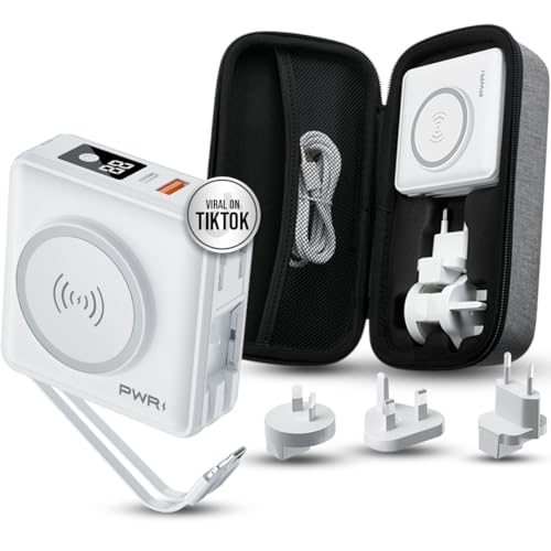 PWRMobile PWR Travel PRO 5-in-1 Power Bank with Case Included – 10,000mAh with Built-in Cables – 20W USB-C + 15W Wireless Charging – Compact Portable Charger for iPhone & Android - White - color: White with Gray Case