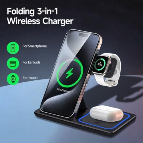 Dual Coil 3 in 1 Wireless Charger Stand Stable Charging No Interruption 15W Fast Charge for iPhone Apple Watch AirPods (Black)