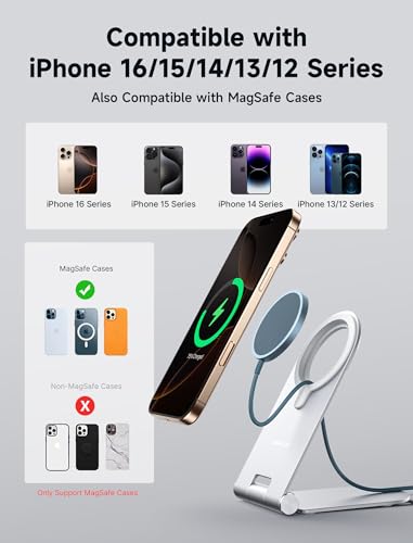 JSAUX Magnetic Wireless Charger Compatible with MagSafe Charger iPhone 16/15/14/13/12 Series, Wireless Mag Safe Charging Pad (Blue) with 20W PD Adapter and Desktop Stand - color: Blue-Full Set