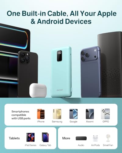 charmast 10000mAh Portable Charger with Built-in Cables and AC Wall Plug - color: Cyan