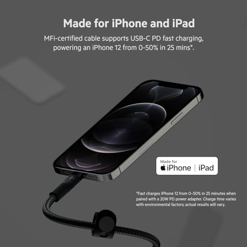 Belkin USB C to Lightning Braided Cable 6.6ft Fast iPhone Charger Cord - color: Black, style: 6.6 ft