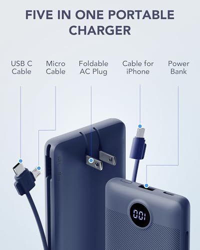 VRURC Portable Charger Built-in Cables and AC Wall Plug, USB C Power Bank 10000mAh, Travel Battery Portable Phone Charger Compact Lightweight External Battery Pack for Smart Phones, Tablets etc-Navy - color: Navy