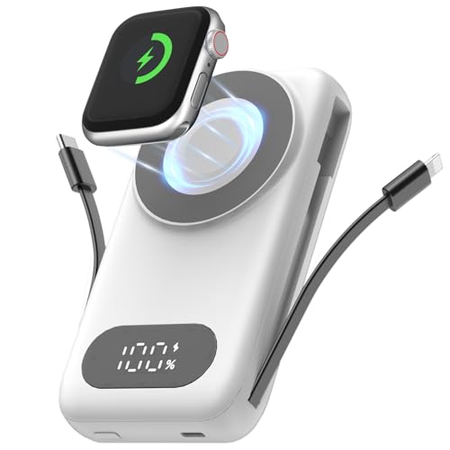 Magnetic Portable Charger 26800mAh for iPhone 18/17/16/15/14/13/12 with Built-in Cables，6-in-1 Wireless Power Bank with iWatch Charger and Compatible with Samsung, Android Phones(White)