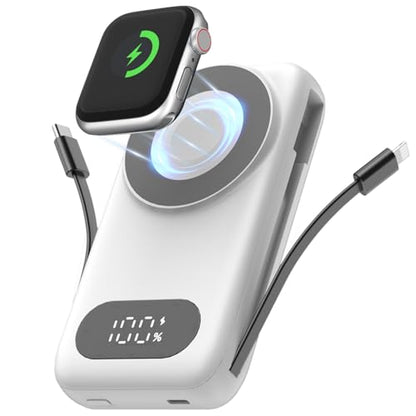 Magnetic Portable Charger 26800mAh for iPhone 18/17/16/15/14/13/12 with Built-in Cables，6-in-1 Wireless Power Bank with iWatch Charger and Compatible with Samsung, Android Phones(White)