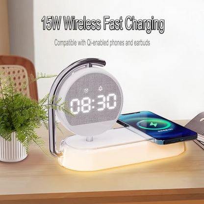 3-in-1 Wireless Charger with Digital Clock Display, 15W Fast Charging Station for Phone and Earbuds, Multi-Protection Charging Stand with 3-Level Night Light and Alarm Function, W001 White. - color: Multi Functional Alarm Clock W001 White