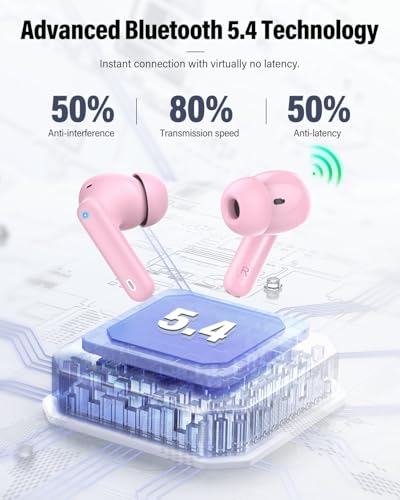 Wireless Earbuds, Bluetooth 5.4 Headphones Bass Stereo/Clear Calls, Pink - color: Pink