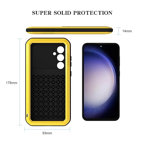 LOVE MEI Military Rugged Case for Samsung Galaxy S23 Fe, with Tempered Glass Screen Protector, Shockproof Dustproof Scratch Proof Hybrid Metal and Silicone Gel Heavy Duty Full Body Cover Yellow - color: Yellow