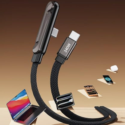 USB C to USB C Cable Right Angle(5ft)-in 360° Folding Metal Stand,240w Fast Charging Cable with Built-in Phone Stand T-Shaped Foldable,Gamer Design,Fast Charging Cord