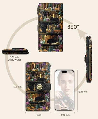 GIANCOMICS Black Cat Book Womens Wallet RFID, Credit Card Holder Bifold | Billfold, Cute Cash Purse, Travel Zipper Coin Pocket, Compact Clutch, PU Leather, ID Window, 11 Card Slots, Ladies Gift Woman - color: Bookshelf Black Cat