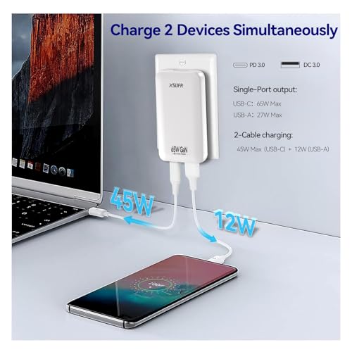 65W Flat USB C Wall Charger,2 Port Ultra-Slim USB C GaN Charger with Foldable Plug for MacBook, iPhone 16/15/14/13/12/11/Pro Max/XS/XR,Galaxy S24/S23/Note20,Includes 2.28ft Fast Charging Cable,White - color: White-Cable