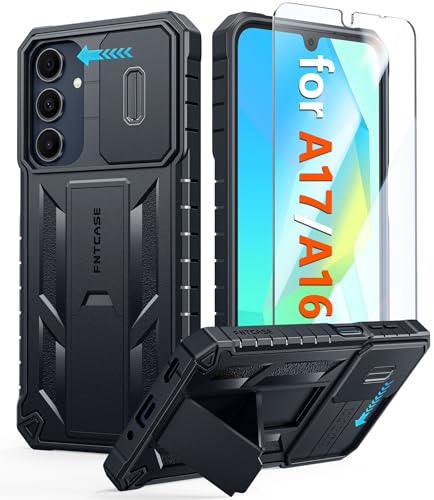 FNTCASE for Samsung Galaxy A17/A16 Phone Case with Slide Camera Cover Black | Built in Kickstand, Military Grade Dropproof Protection, Heavy Duty Rugged Phonecase, Outdoor Protection - color: Black, size: For Galaxy A16/A17 6.7 Inch