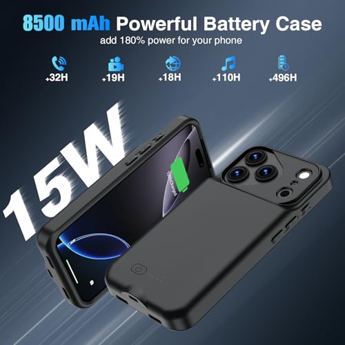 GIN FOXI Battery Case for iPhone 17 Pro, Charging Case Charger 8500mAh Ultra-Slim Lightweight Powerful Battery Pack 15W Fast Rechargeable Anti-Fall TPU Juice Box for iPhone 17 Pro (6.3") Black - color: Black
