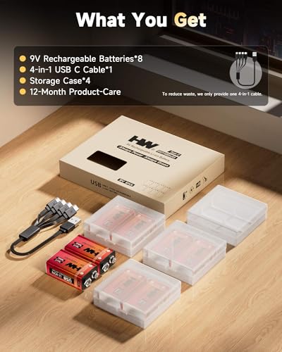 HW 9 Volt Battery 1400mAh 8 Pack, USB-C Lithium for Guitar Pedals - size: 8-Pack