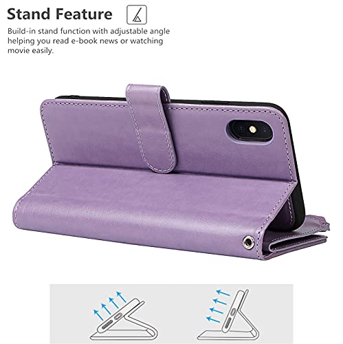 iCoverCase for iPhone X/XS Wallet Case with Card Holder and Wrist Strap, PU Leather Kickstand Card Slots Zipper Pocket Magnetic [Detachable] Flip Cover Case 5.8 Inch (Purple) - color: Purple