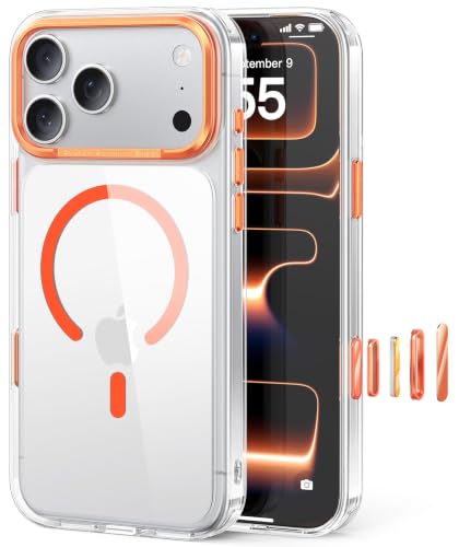Maledan for iPhone 17 Pro Case Clear Orange - Aluminum Camera Frame Magnetic 17 Pro Case Fit for Mag Safe, Camera Control, Slim Transparent Shockproof Bumper Phone Cover for Apple iPhone 17 Pro - color: Crystal Clear - Orange Magnet, size: iPhone 17 Pro 6