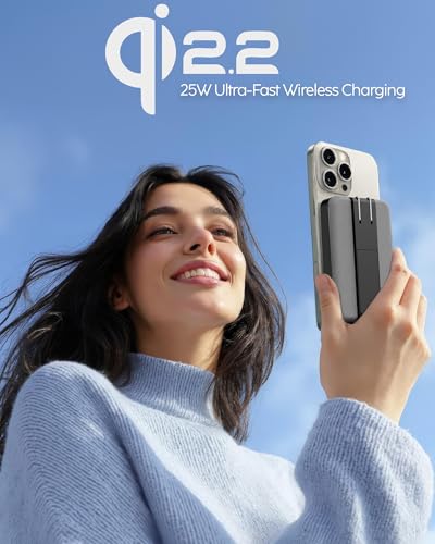 myCharge CliqLuxe+ Magnetic Wireless Power Bank 10,000mAh | iPhone & MagSafe Compatible | Qi2.2 25W Mag Safe Portable Charger | Built-in Wall Plug & Stand | 20W PD USB-C Port | Premium Grey Fabric - size: 10K, style: With Wall Plug (Grey)