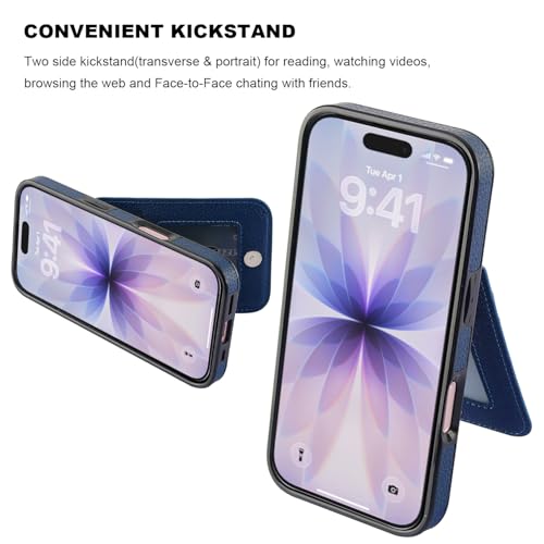 KIHUWEY for iPhone 17 Wallet Case Card Holder Kickstand, Lichee Blue | Credit Card Slots, PU Leather, Magnetic Clasp, Flip Heavy Duty Protection Cover for Men and Women - color: Lichee Blue