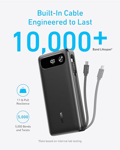 Anker Power Bank, 20,000mAh Travel Essential, Built-in USB-C Cable(Black) - color: Black