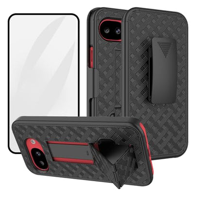 for Google Pixel 10a Stand Case, Belt Clip, Screen Protector-Black | Swivel Kickstand Holder Holster, Slim Shell Slide Pouch Full Body Protective, Rugged Shockproof Drop Defense Cell Phone Cover - size: Pixel 10a