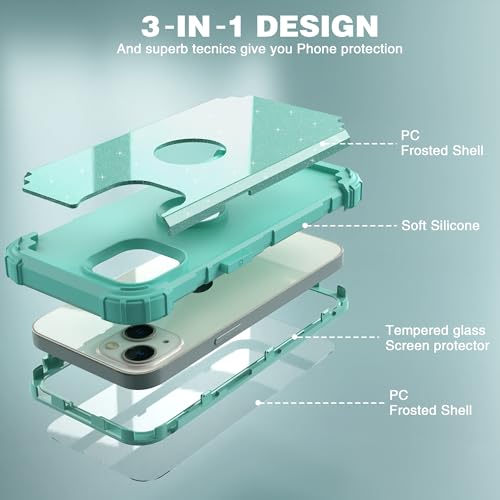IDweel for iPhone 15 Case with Screen Protector,Luxury 3 in 1 Shockproof Slim Fit Hybrid Heavy Duty Protection Glitter Hard PC Cover Soft Silicone Bumper Full Body Case,Glitter Cyan - color: Glitter Cyan