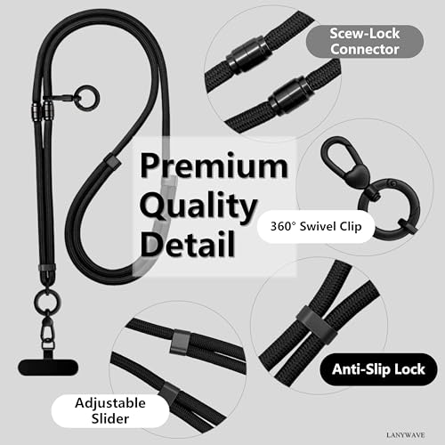 4-in-1 Phone Lanyard, Crossbody, Neck, Wrist & Finger Strap - color: Black