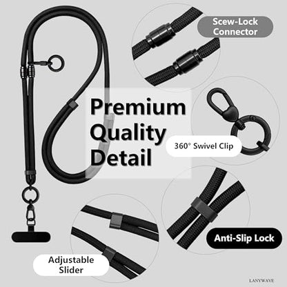 4-in-1 Phone Lanyard, Crossbody, Neck, Wrist & Finger Strap - color: Black