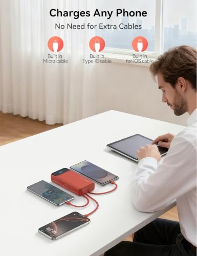 Nusyddy Portable Charger 20000mAh with 4 Built-in Cables & 6 Outputs Red - color: Ruby
