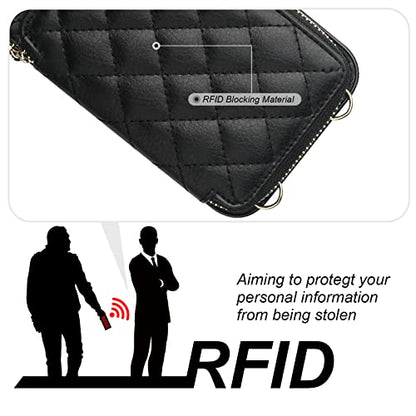 Bocasal Crossbody Wallet Case Card Holder for iPhone 13, Black | RFID Blocking PU Leather Zipper Handbag Purse, Kickstand Flip Folio Case with Card Slots Holder Wrist Strap Lanyard 6.1 Inch - color: Black