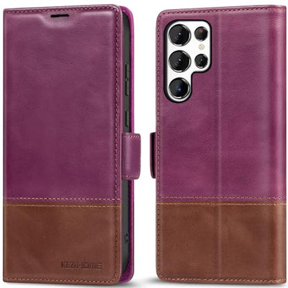 KEZiHOME Genuine Leather Wallet Case for Samsung Galaxy S25 Ultra | Purple/Brown, RFID Blocking, S25 Ultra Wallet Case, Card Slot, Flip, Magnetic Stand Phone Cover Compatible with S25 Ultra - color: Purple/Brown, size: Galaxy S25 Ultra Case