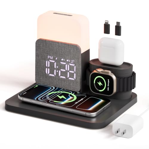 7 in 1 Clock with Charging Station, Charger with Alarm Clock Night Light - color: Black